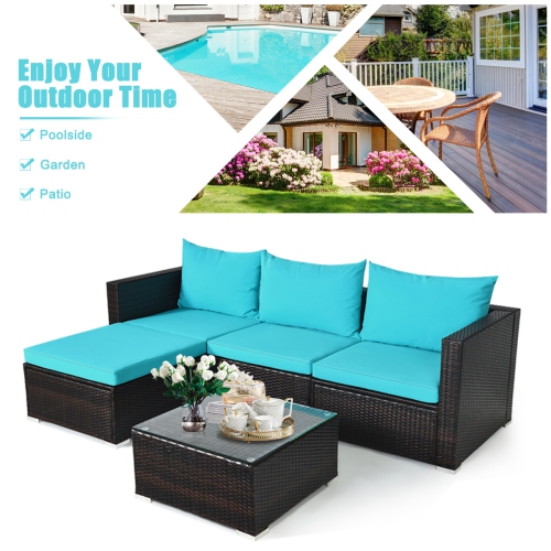 Topbuy 5PCS Patio Rattan Wicker Sofa Furniture Set Sectional Conversation Sofa Set Blue