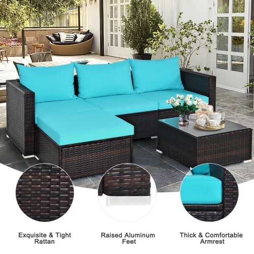 Topbuy 5PCS Patio Rattan Wicker Sofa Furniture Set Sectional Conversation Sofa Set Blue