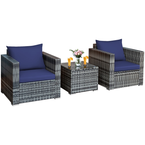 TOPBUY  Patiojoy 3-Piece Patio Wicker Conversation Set Bistro Rattan Sofa Chair With Washable Cushion