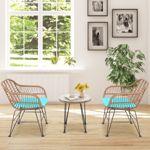 Topbuy 3 PCS Patio Rattan Furniture Set with Round Tempered Glass Top Table & 2 Rattan Armchairs White/Turquoise/Red