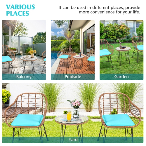 Topbuy 3 PCS Patio Rattan Furniture Set with Round Tempered Glass Top Table & 2 Rattan Armchairs White/Turquoise/Red