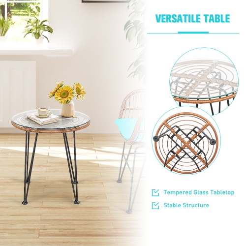 Topbuy 3 PCS Patio Rattan Furniture Set with Round Tempered Glass Top Table & 2 Rattan Armchairs White/Turquoise/Red