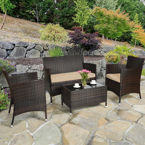 Topbuy 4-Piece Patio Rattan Wicker Furniture Set Sofa Chair Table Set w/ Mix Brown Cushions
