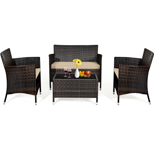 Topbuy 4-Piece Patio Rattan Wicker Furniture Set Sofa Chair Table Set w/ Mix Brown Cushions