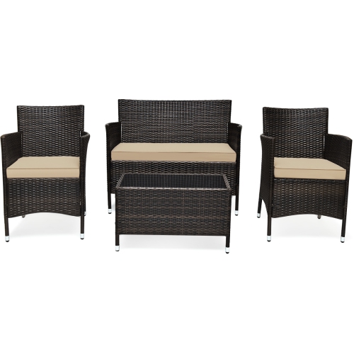 Topbuy 4-Piece Patio Rattan Wicker Furniture Set Sofa Chair Table Set w/ Mix Brown Cushions