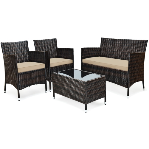 Topbuy 4-Piece Patio Rattan Wicker Furniture Set Sofa Chair Table Set w/ Mix Brown Cushions