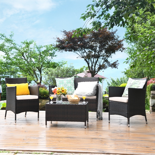 Topbuy 4-Piece Patio Rattan Wicker Furniture Set Sofa Chair Table Set w/ Mix Brown Cushions