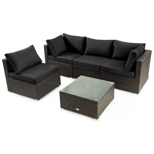TOPBUY  Patiojoy 5PCs Rattan Patio Furniture Set Cushioned Sofa Chair Coffee Table Set Easy Assemble In Black