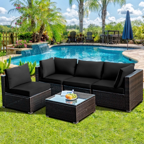 Patiojoy 5PCS Rattan Patio Furniture Set Cushioned Sofa Chair Coffee Table Set Easy Assemble Black