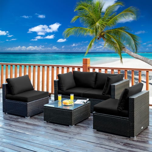 Patiojoy 5PCS Rattan Patio Furniture Set Cushioned Sofa Chair Coffee Table Set Easy Assemble Black