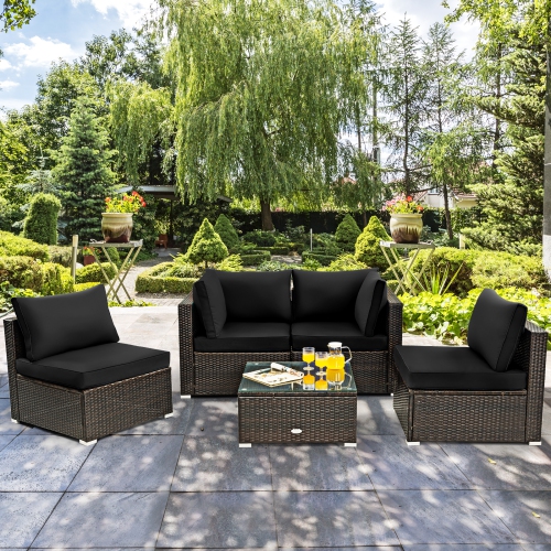 Patiojoy 5PCS Rattan Patio Furniture Set Cushioned Sofa Chair Coffee Table Set Easy Assemble Black