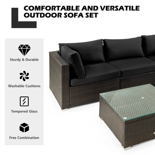 Patiojoy 5PCS Rattan Patio Furniture Set Cushioned Sofa Chair Coffee Table Set Easy Assemble Black