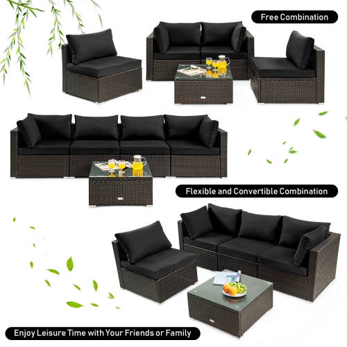 Patiojoy 5PCS Rattan Patio Furniture Set Cushioned Sofa Chair Coffee Table Set Easy Assemble Black