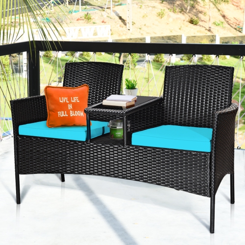 Topbuy Outdoor Patio Rattan Wicker Conversation Set Loveseat Sofa with Coffee Table Patented Turquoise/Red