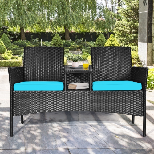 Topbuy Outdoor Patio Rattan Wicker Conversation Set Loveseat Sofa with Coffee Table Patented Turquoise/Red