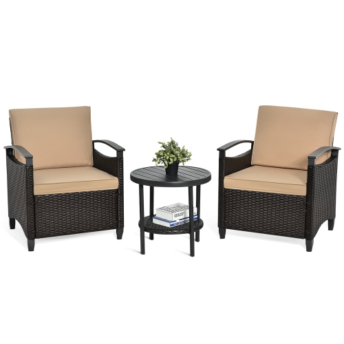 TOPBUY  3-Piece Rattan Sofa Chair Patio Conversation Set With Coffee Table & Cushions
