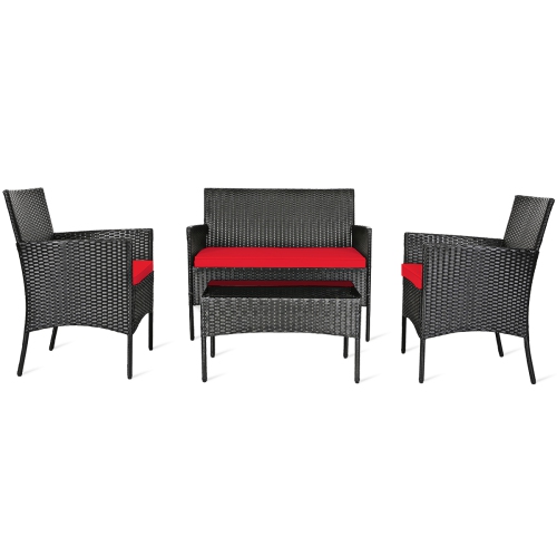 TOPBUY  Rattan Patio Conversation Set Cushioned Sofa With Coffee Table Red/turquoise