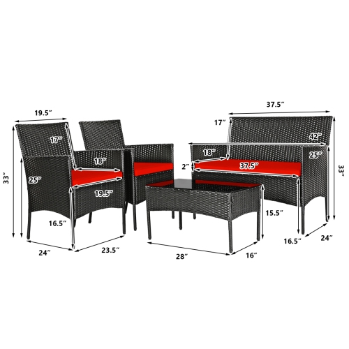 Topbuy Rattan Patio Conversation Set Cushioned Sofa with Coffee Table Red/Turquoise