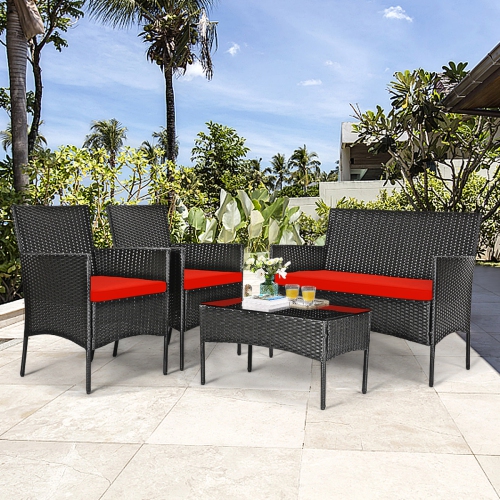 Topbuy Rattan Patio Conversation Set Cushioned Sofa with Coffee Table Red/Turquoise
