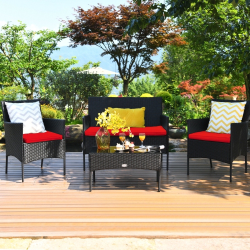 Topbuy Rattan Patio Conversation Set Cushioned Sofa with Coffee Table Red/Turquoise