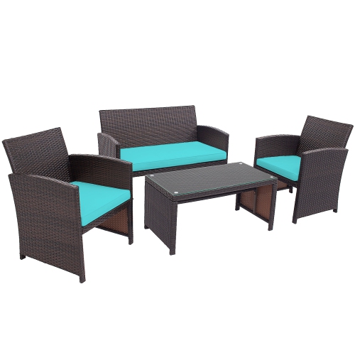 TOPBUY  Patiojoy 4PCs Outdoor Patio Furniture Sets Weather-Resistant Rattan Sofas W/ Soft Cushion In Turquoise