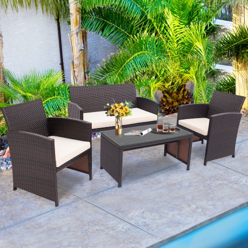 Patiojoy 4PCS Outdoor Patio Furniture Sets Weather-Resistant Rattan Sofas w/ Soft Cushion White