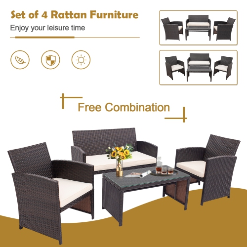 Patiojoy 4PCS Outdoor Patio Furniture Sets Weather-Resistant Rattan Sofas w/ Soft Cushion White