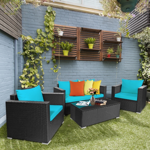 TOPBUY  Patiojoy 4PC Patio Rattan Wicker Conversation Furniture Set Sectional Sofa & Coffee Table