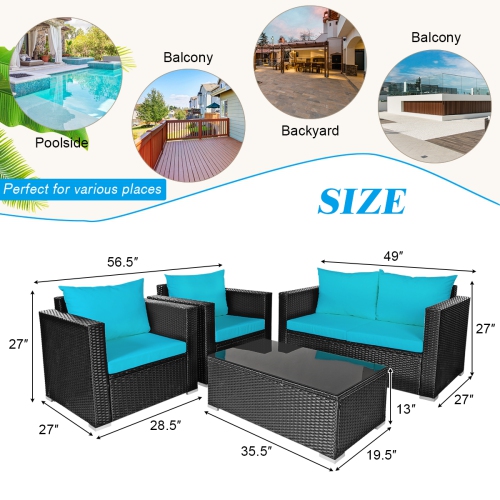 Patiojoy 4PC Patio Rattan Wicker Conversation Furniture Set Sectional Sofa & Coffee Table