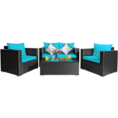 Patiojoy 4PC Patio Rattan Wicker Conversation Furniture Set Sectional Sofa & Coffee Table