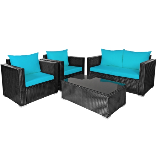 Patiojoy 4PC Patio Rattan Wicker Conversation Furniture Set Sectional Sofa & Coffee Table