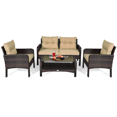 TOPBUY  4 Piece Patio Conversation Set Rattan Wicker Loveseat Sofa Coffee Table & Glass Top