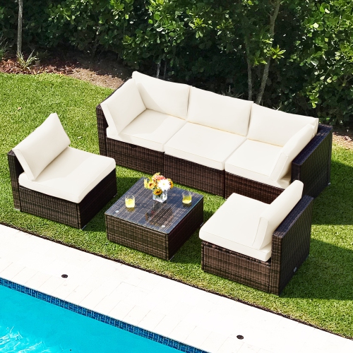 Patiojoy 6PCS Wicker Patio Sectional Conversation Furniture Set with Seat Cushions & Coffee Table