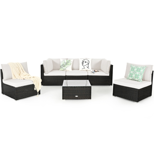 Patiojoy 6PCS Wicker Patio Sectional Conversation Furniture Set with Seat Cushions & Coffee Table
