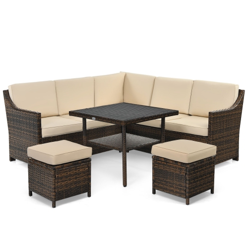TOPBUY  6PCs Patio Rattan Furniture Set All-Weather Sectional Cushioned Sofa Ottoman Dining Table Lower Shelf