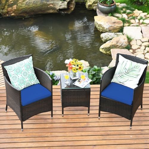 Topbuy 3-Piece Patio Wicker Rattan Furniture Set Conversation Sofa Set with Coffee Table Blue
