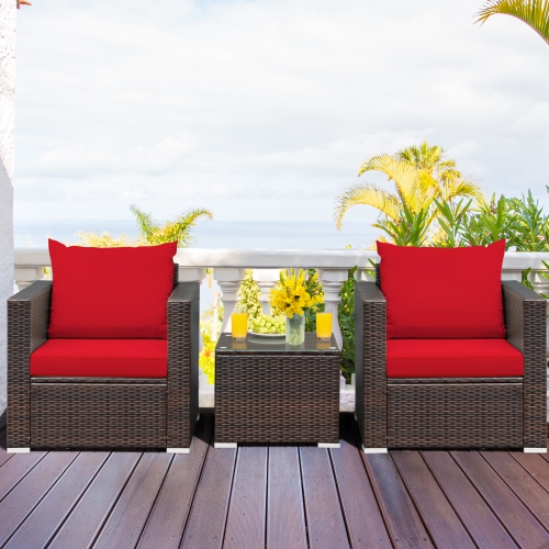 Topbuy 3 PCS Patio Rattan Furniture Set with 2 Cushioned Sofas & Coffee Table for outdoor Turquoise/ Red