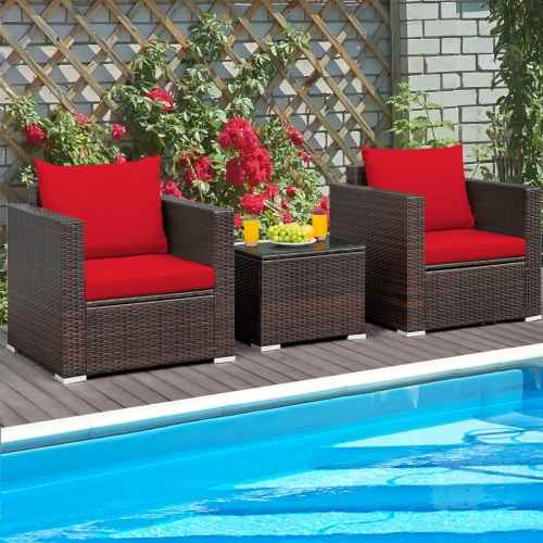 Topbuy 3 PCS Patio Rattan Furniture Set with 2 Cushioned Sofas & Coffee Table for outdoor Turquoise/ Red