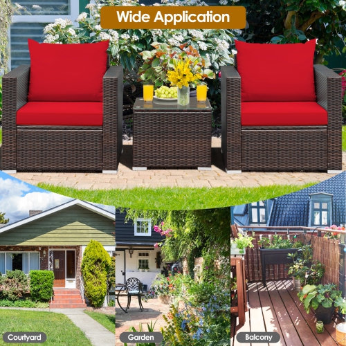 Topbuy 3 PCS Patio Rattan Furniture Set with 2 Cushioned Sofas & Coffee Table for outdoor Turquoise/ Red
