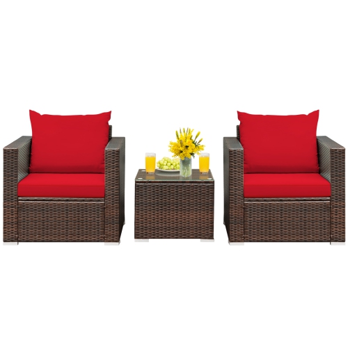 Topbuy 3 PCS Patio Rattan Furniture Set with 2 Cushioned Sofas & Coffee Table for outdoor Turquoise/ Red