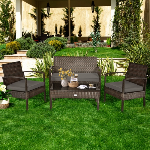 Topbuy 4 PCS Rattan Wicker Furniture Set Loveseat Sofa Cushioned Patio Outdoor Brown