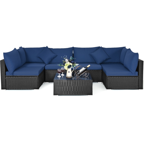 Topbuy 7-Piece Patio PE Rattan Sectional Sofa Furniture Set Wicker Sofa Conversation Set Navy/Turquoise/Red