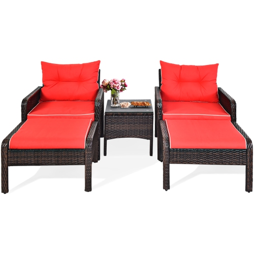 TOPBUY  5-Piece Patio Rattan Conversation Set Cushioned Sofas And Ottoman Set With Table