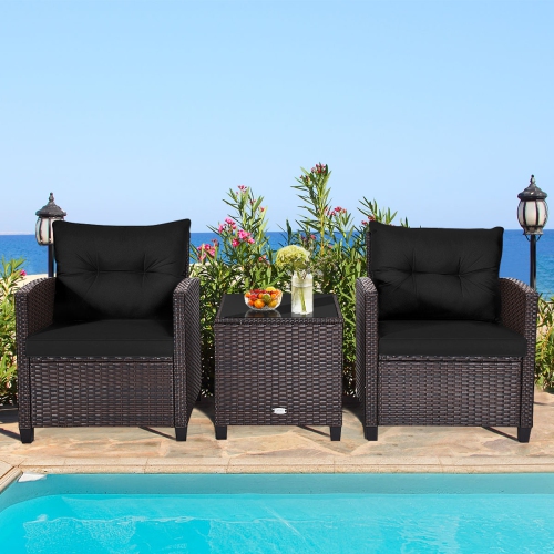 Patiojoy 3PCS Wicker Cushioned Conversation Set Outdoor Rattan Furniture w/Black Cushions