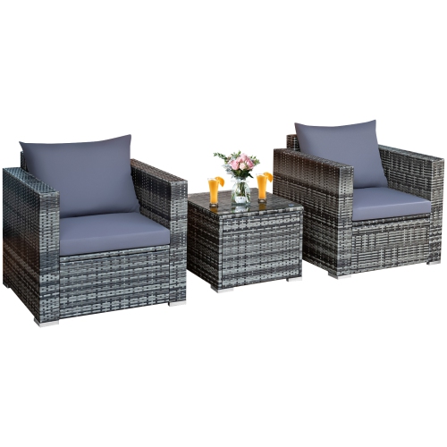TOPBUY  3-Piece Patio Wicker Conversation Set Bistro Rattan Sofa Chair With Washable Cushion