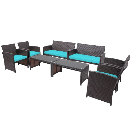 TOPBUY  Patiojoy 8PCs Outdoor Patio Furniture Sets Weather-Resistant Rattan Sofas W/ Soft Cushion In Turquoise