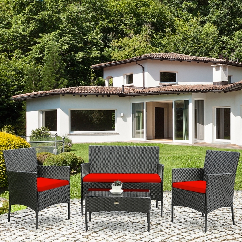 Topbuy Rattan Patio Conversation Set Cushioned Sofa with Coffee Table Red/Turquoise