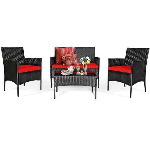 Topbuy Rattan Patio Conversation Set Cushioned Sofa with Coffee Table Red/Turquoise