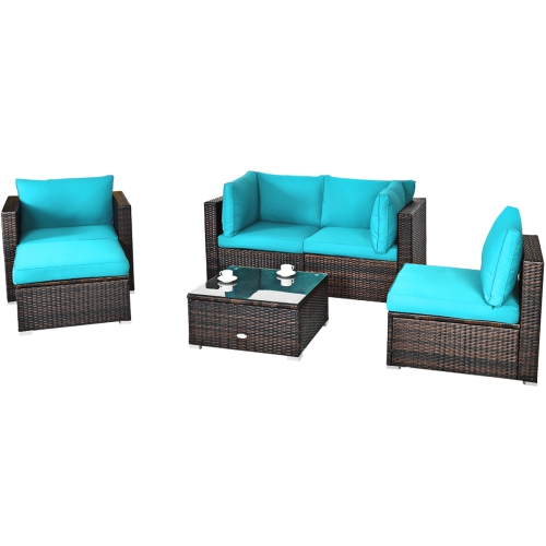 TOPBUY  Patiojoy 6PCs Rattan Patio Furniture Set Cushioned Sofa Chair Ottoman Turquoise/red/navy/black/white