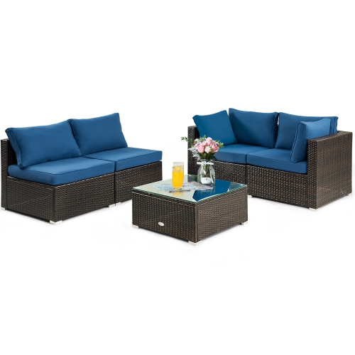 TOPBUY  Patiojoy 5PCs Rattan Patio Furniture Set Cushioned Sofa Chair Coffee Table Set Easy Assemble In Navy